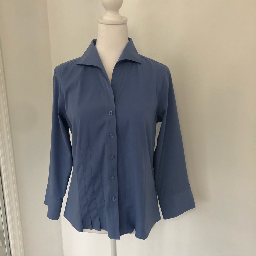 NEW TALBOTS Wrinkle Resistant Stretch Women Blue 3/4 Sleeve Button Up Shirt Sz 4